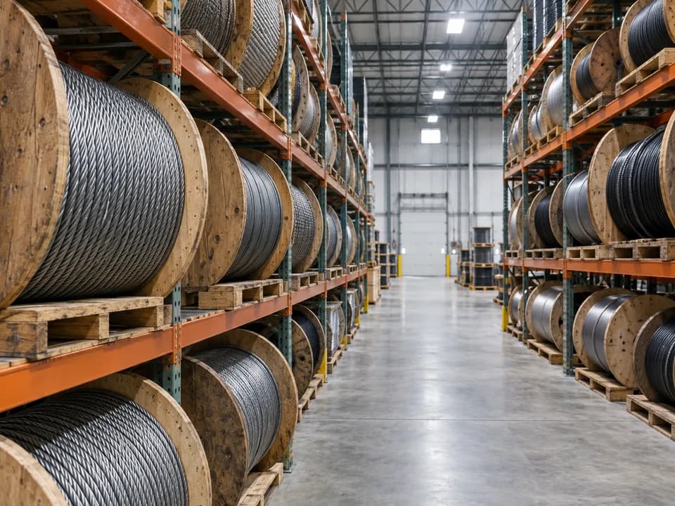 Industrial wire spools in a warehouse