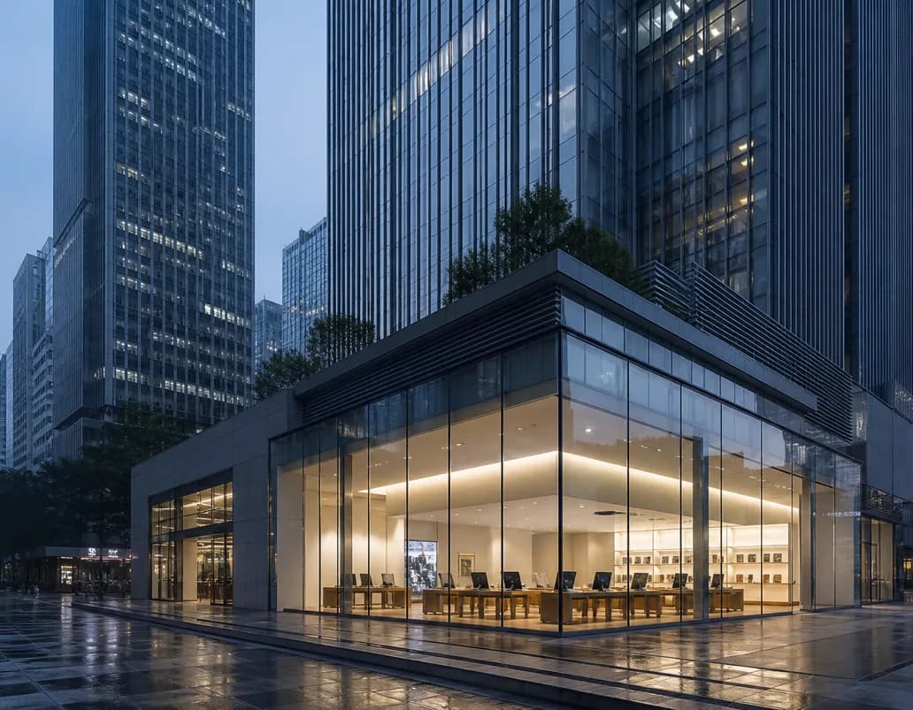 A modern retail storefront at dusk