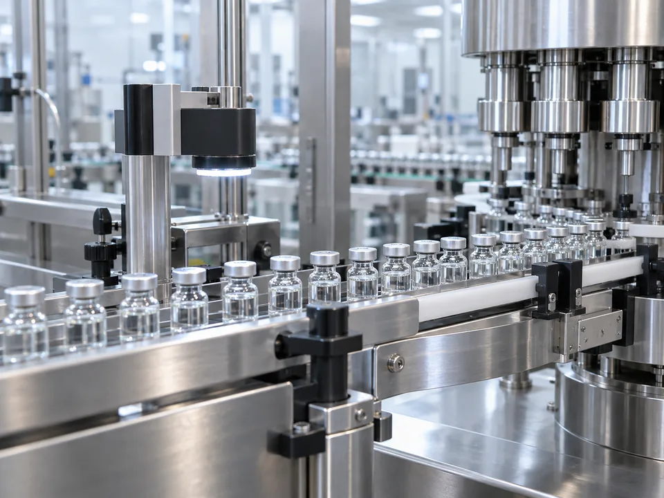 Pharmaceutical production line with glass bottles