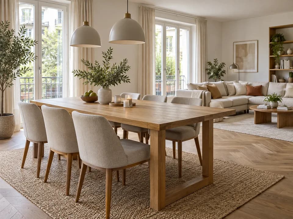 A furnished living room with a dining table and chairs